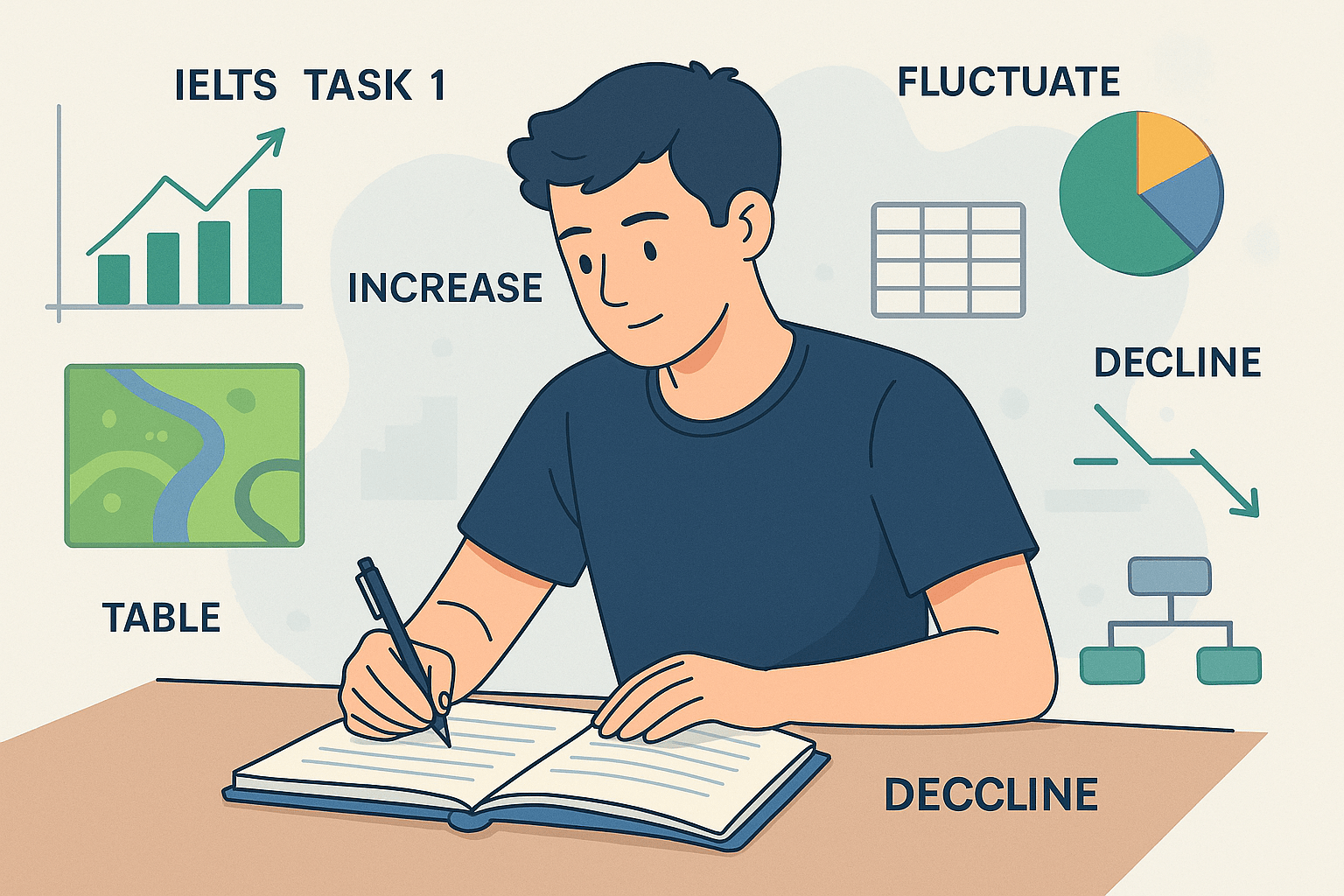 IELTS Writing Task 1 vocabulary for line graphs, bar charts, pie charts, tables, maps, and process diagrams for Band 7+ essays