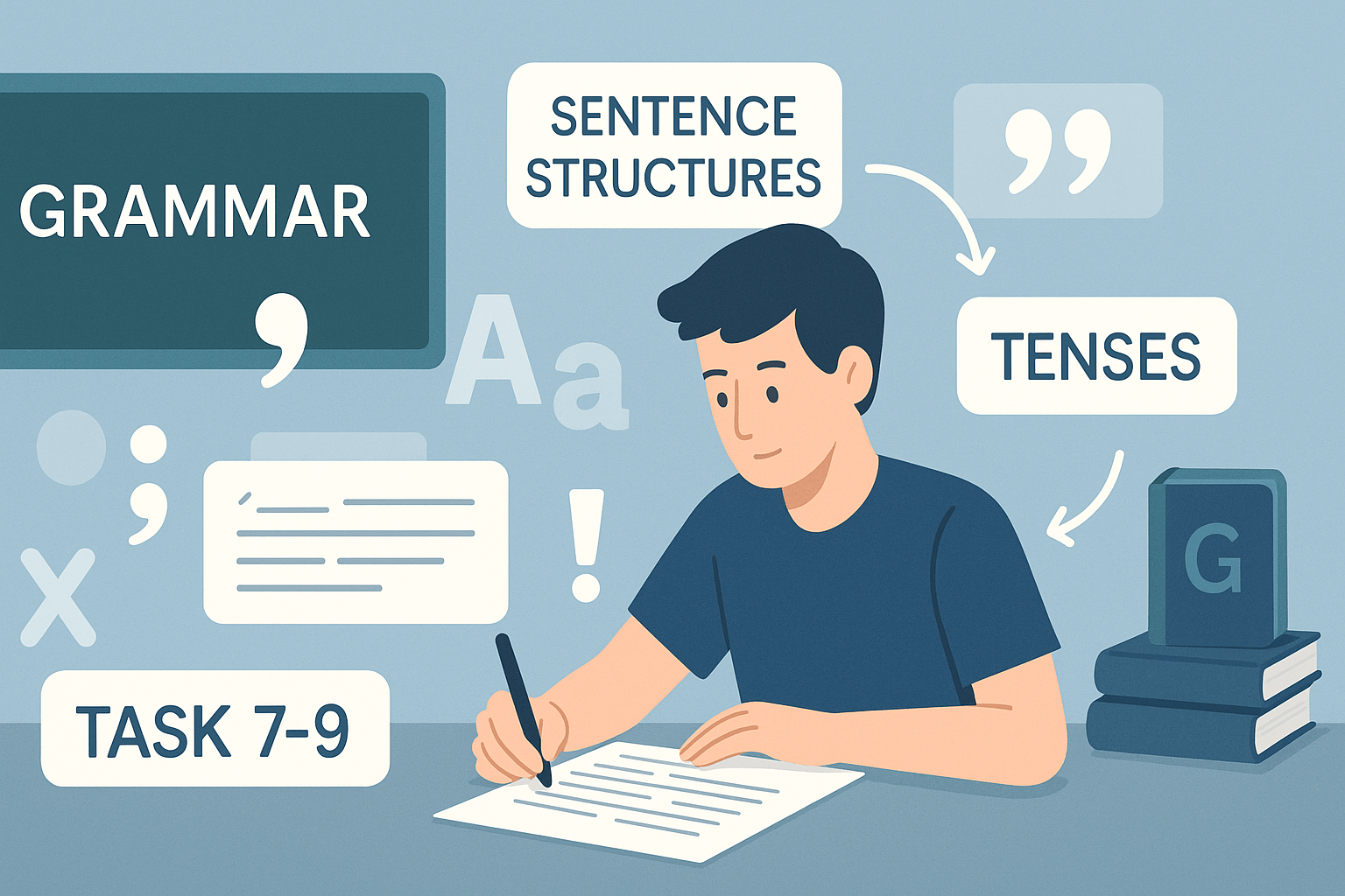 IELTS writing grammar guide for Band 7–9 essays with tenses, structures, and accuracy tips