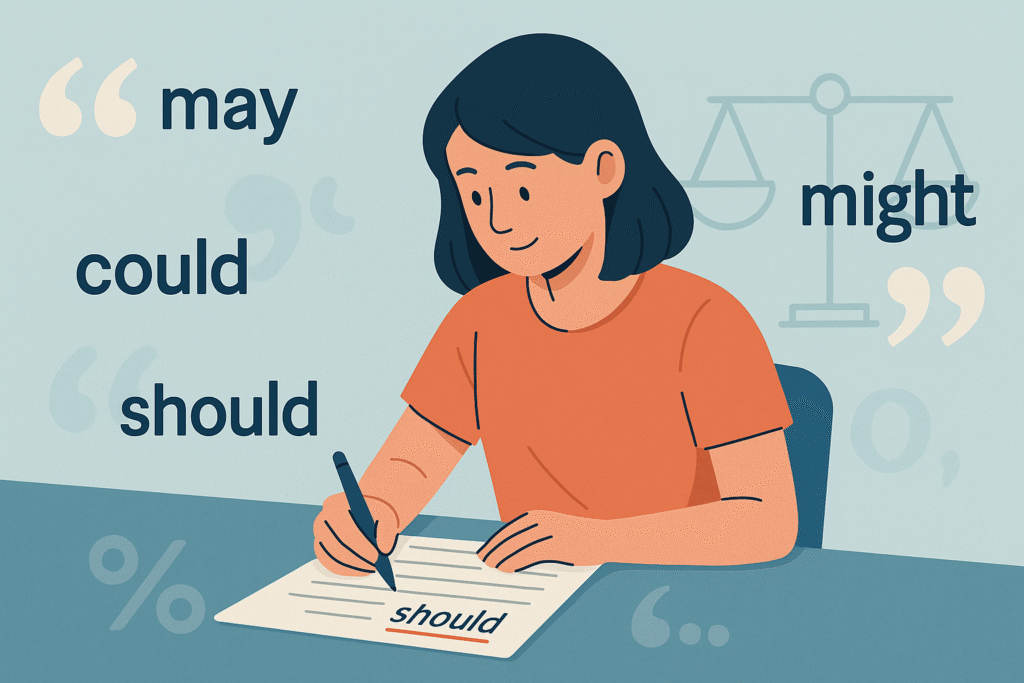 IELTS modals for Task 2 writing to create academic tone using may, might, could, and should for hedging