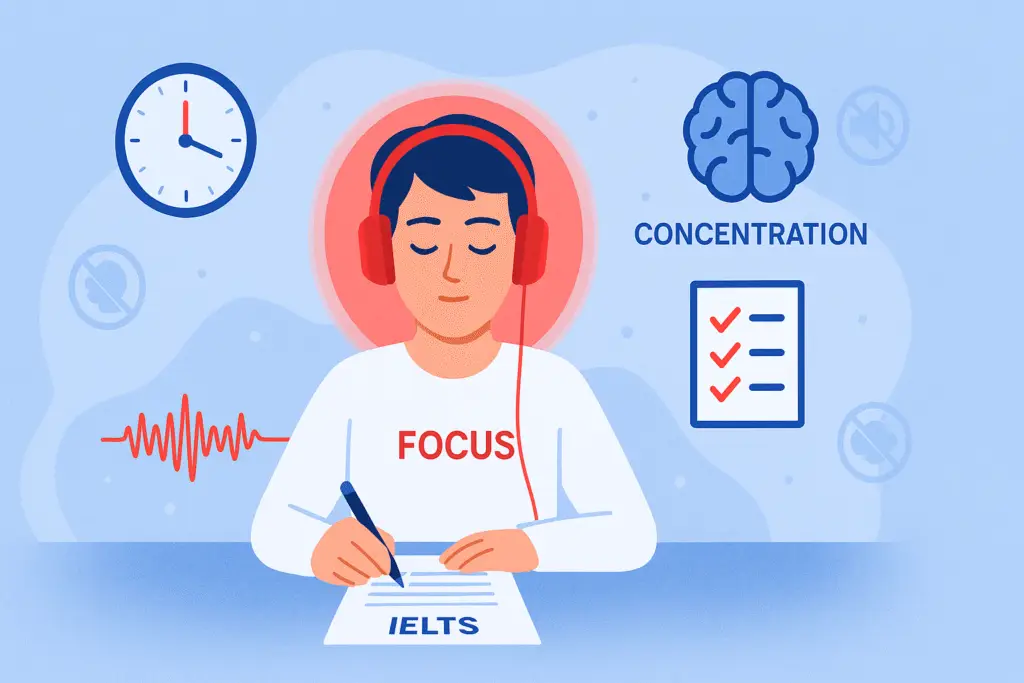 Student improving focus and concentration in IELTS Listening test setting