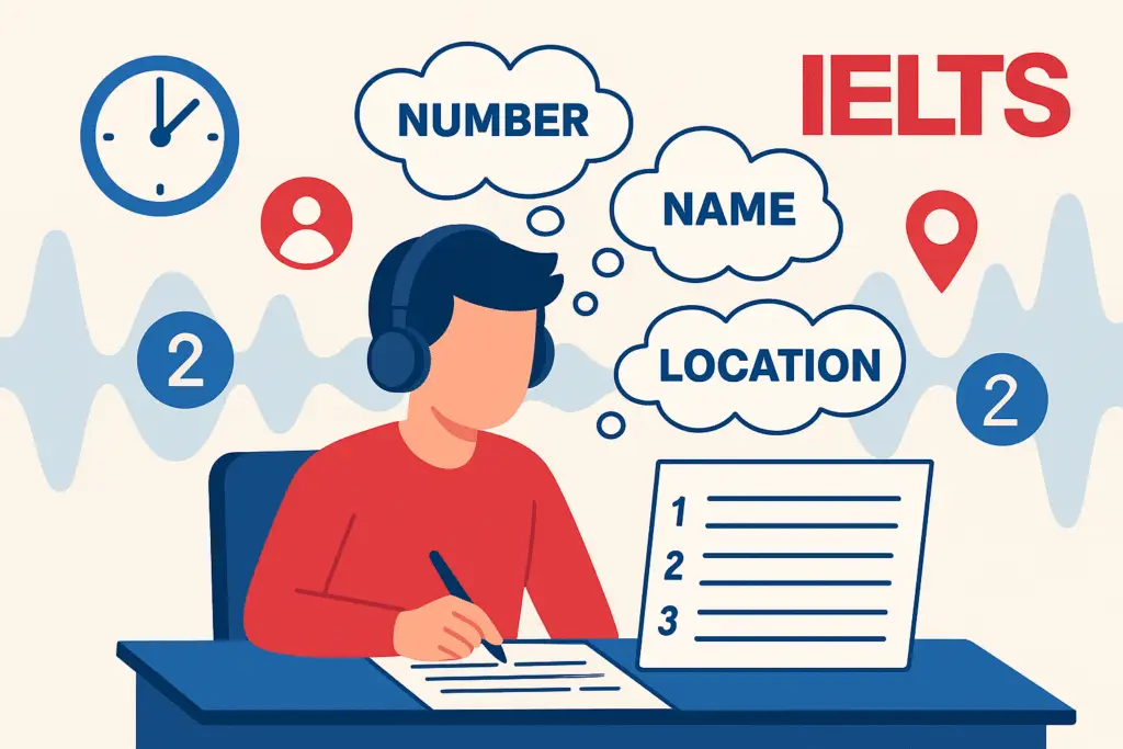 Student learning how to predict answers in IELTS Listening with visual cues and tips