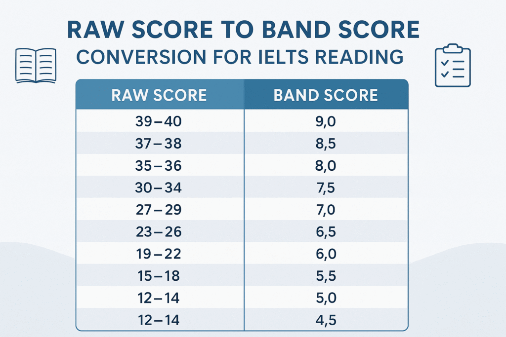 Raw score to band score IELTS Reading conversion table