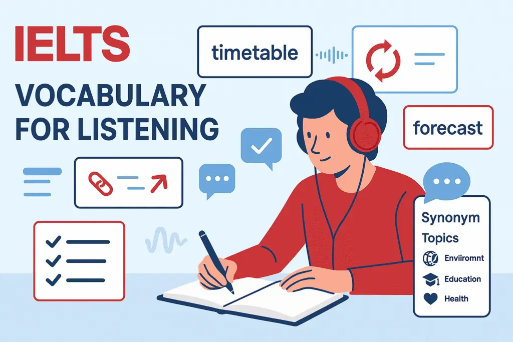 Flat-style image showing vocabulary for IELTS Listening with student, flashcards, and topic icons