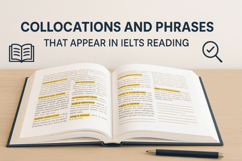 Collocations in IELTS Reading highlighted in an academic book