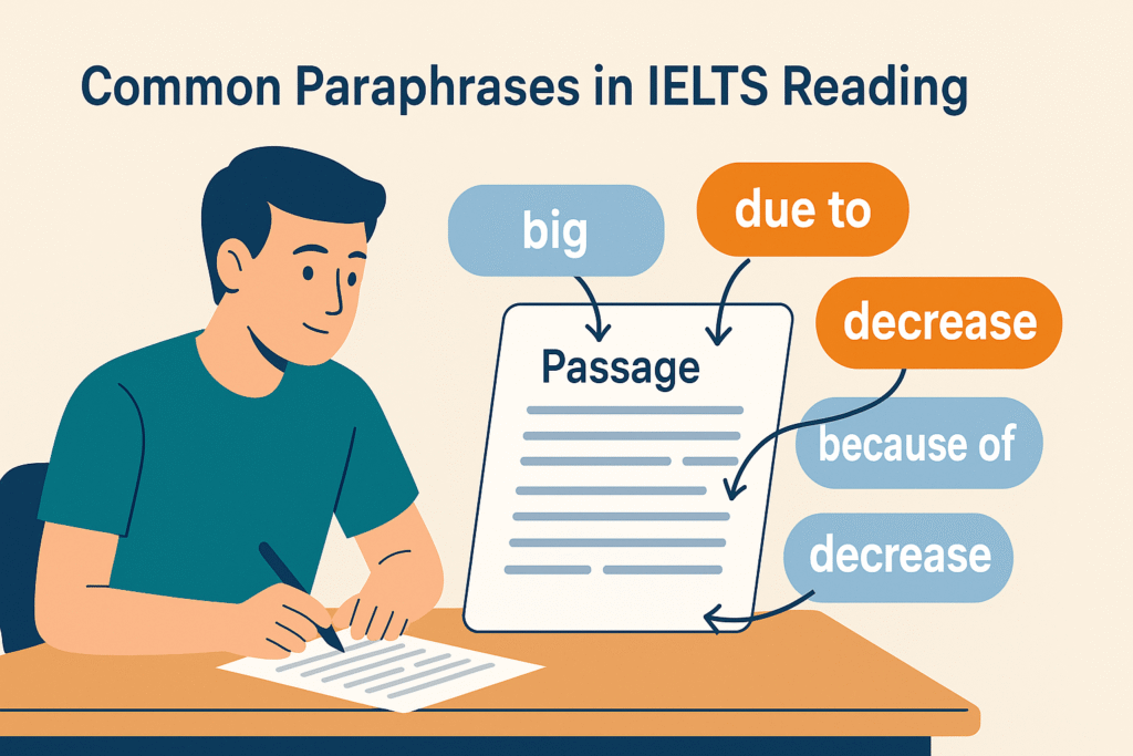Common paraphrases in IELTS Reading illustrated with a student analyzing text.