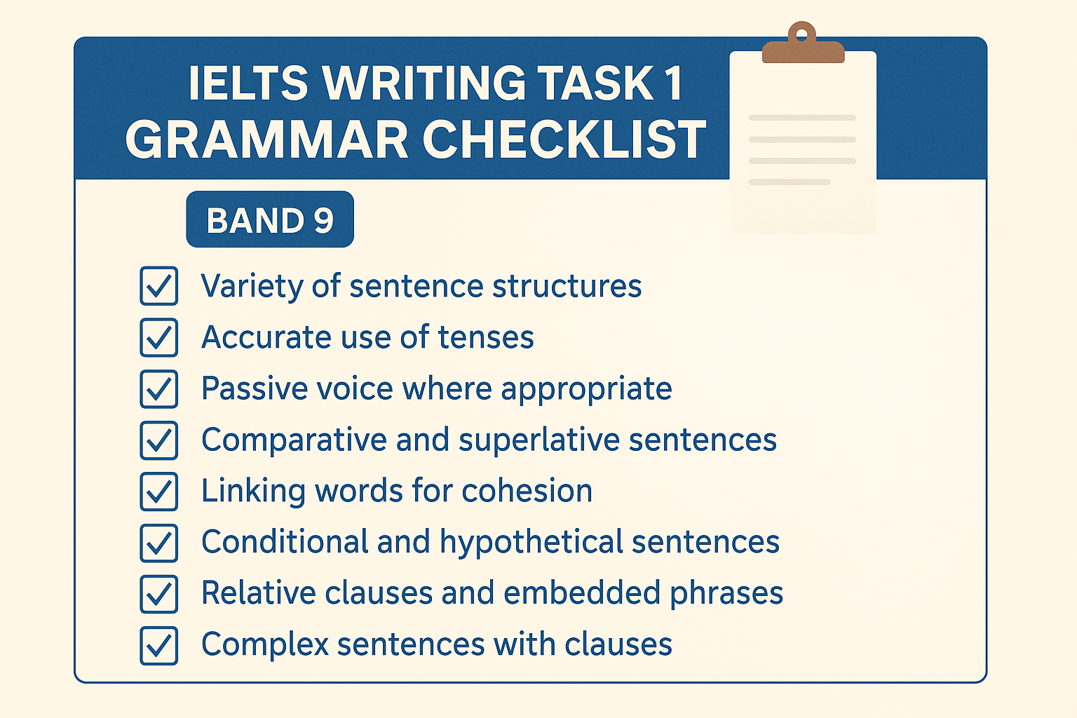 Infographic featuring IELTS band 9 grammar checklist task 1 with advanced grammar tips and common pitfalls.