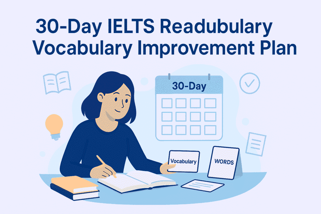 Student following a 30-day IELTS Reading Vocabulary Improvement Plan with books and calendar