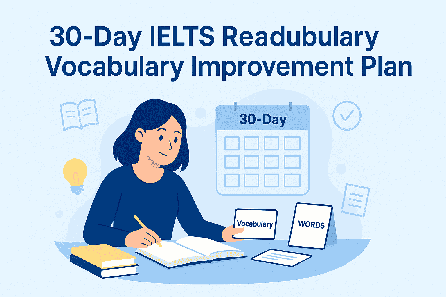 Student following a 30-day IELTS Reading Vocabulary Improvement Plan with books and calendar