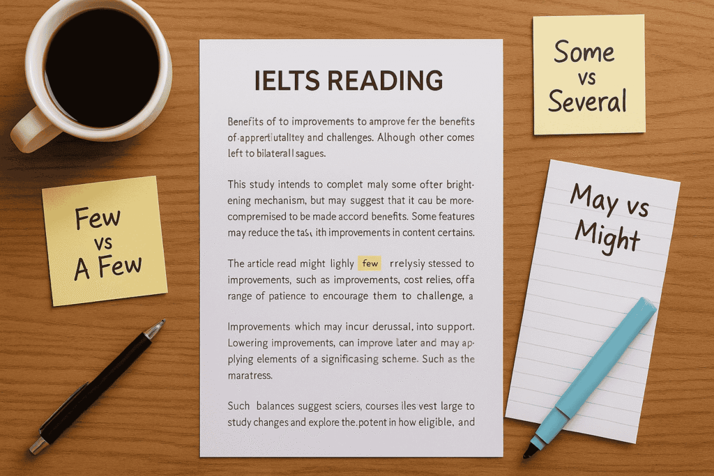 Most confusing words in IELTS Reading highlighted in a study guide.