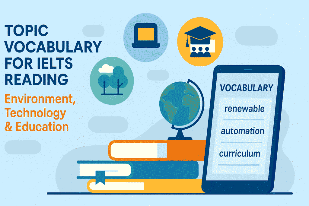 Topic vocabulary for IELTS Reading with environment, technology, and education illustrations