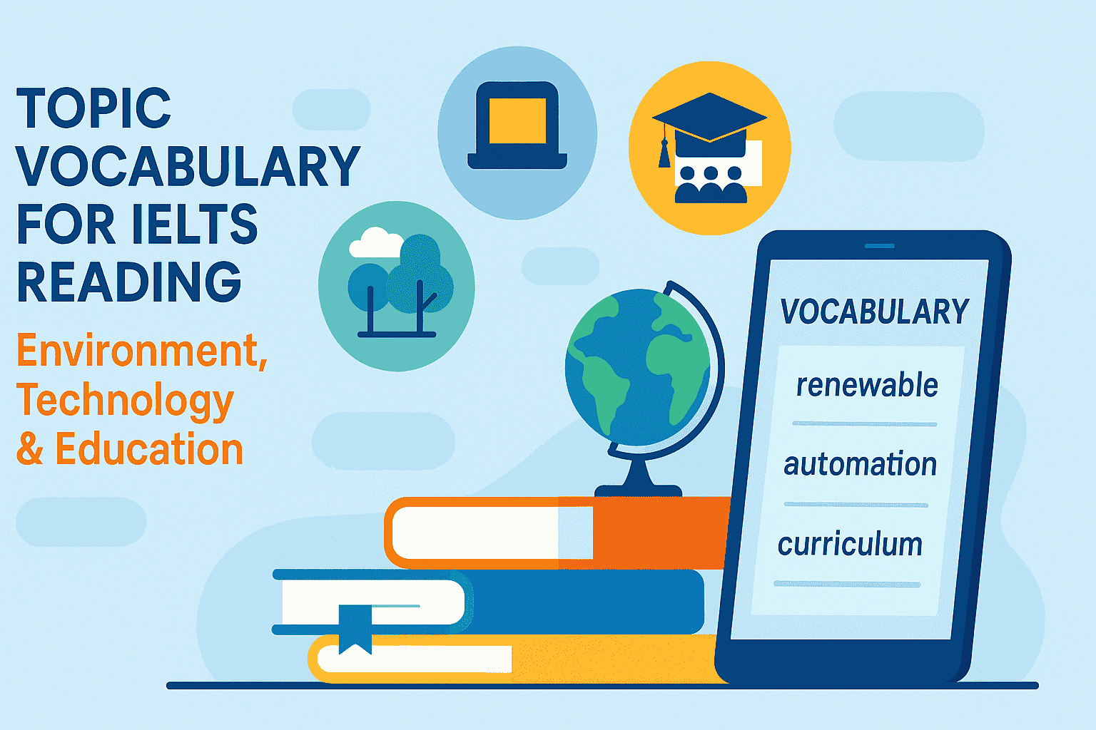 Topic vocabulary for IELTS Reading with environment, technology, and education illustrations