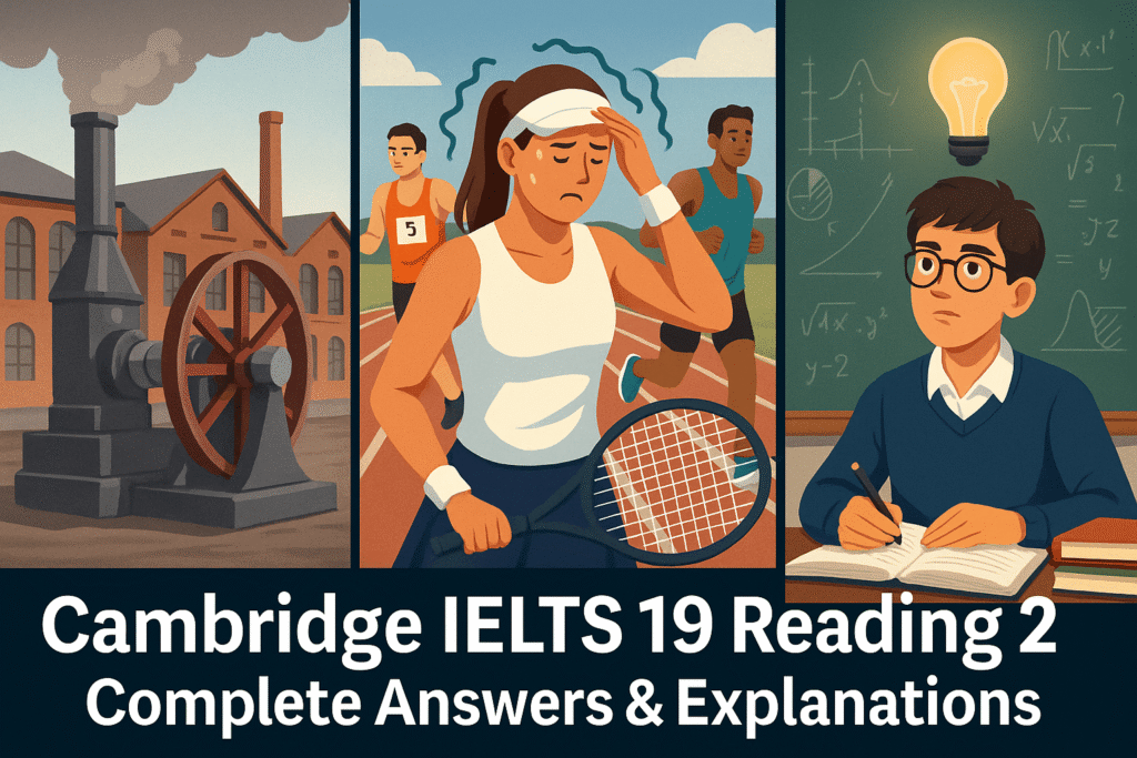 Cambridge 19 Reading Test 2 full IELTS Reading answers showing the Industrial Revolution, athletes and stress, and gifted children.