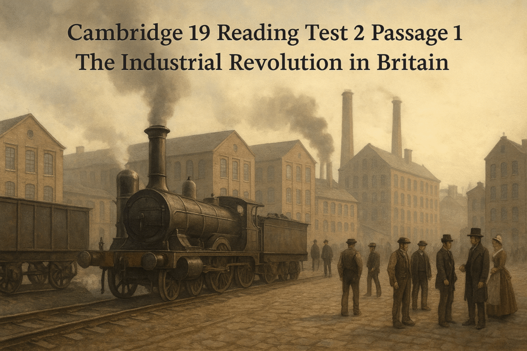 Cambridge 19 Reading Test 2 Passage 1 Industrial Revolution answers showing British factories and steam engines.