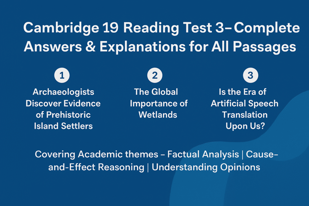 Cambridge 19 Reading Test 3 full IELTS Reading answers showing archaeology, wetlands and AI translation themes.