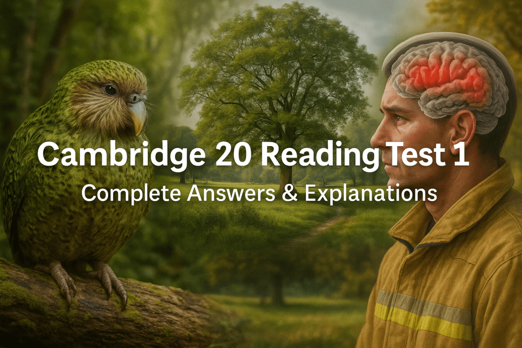 Cambridge 20 Reading Test 1 full IELTS Reading answers featuring the Kākāpō, elm reintroduction and stress research.