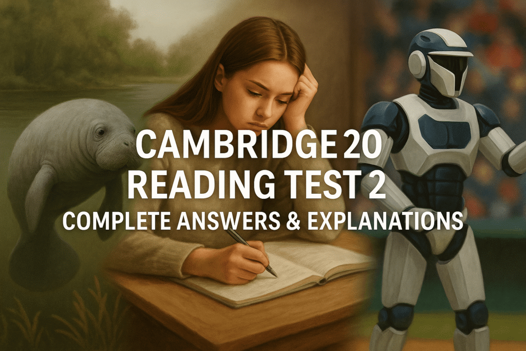Cambridge 20 Reading Test 2 full IELTS Reading answers featuring manatees, procrastination and robot umpires.