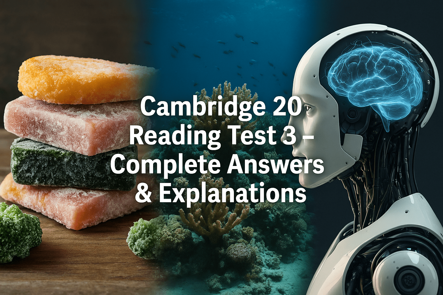 Cambridge 20 Reading Test 3 full IELTS Reading answers featuring Frozen Food, Coral Reefs and Robots and Us.