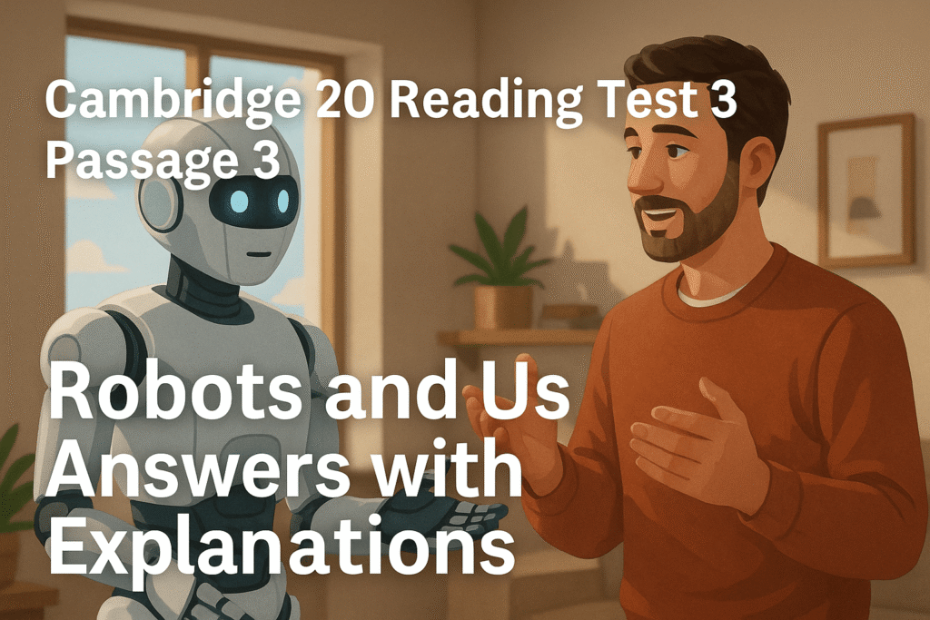 Cambridge 20 Reading Test 3 Passage 3 Robots and Us answers with humans and AI robots interacting in a modern lab setting.