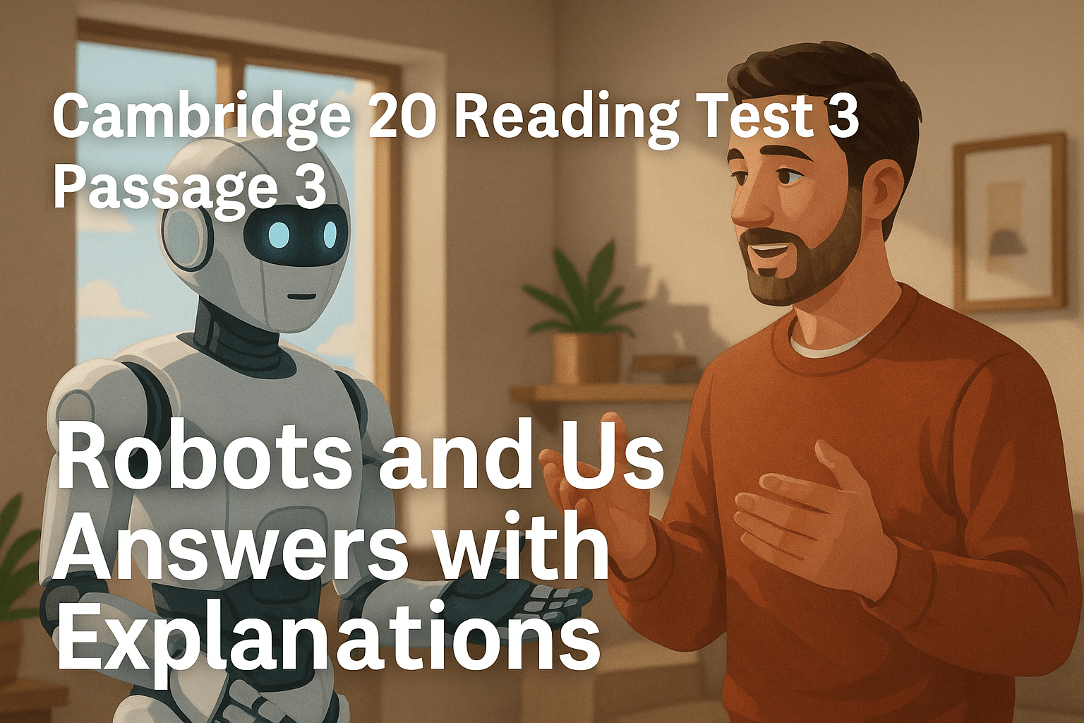 Cambridge 20 Reading Test 3 Passage 3 Robots and Us answers with humans and AI robots interacting in a modern lab setting.