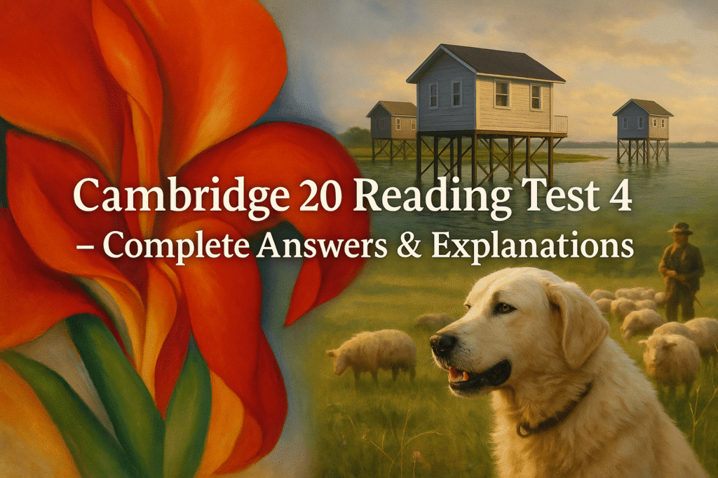 Cambridge 20 Reading Test 4 full IELTS Reading answers featuring Georgia O’Keeffe, Climate Change, and Livestock Guard Dogs.