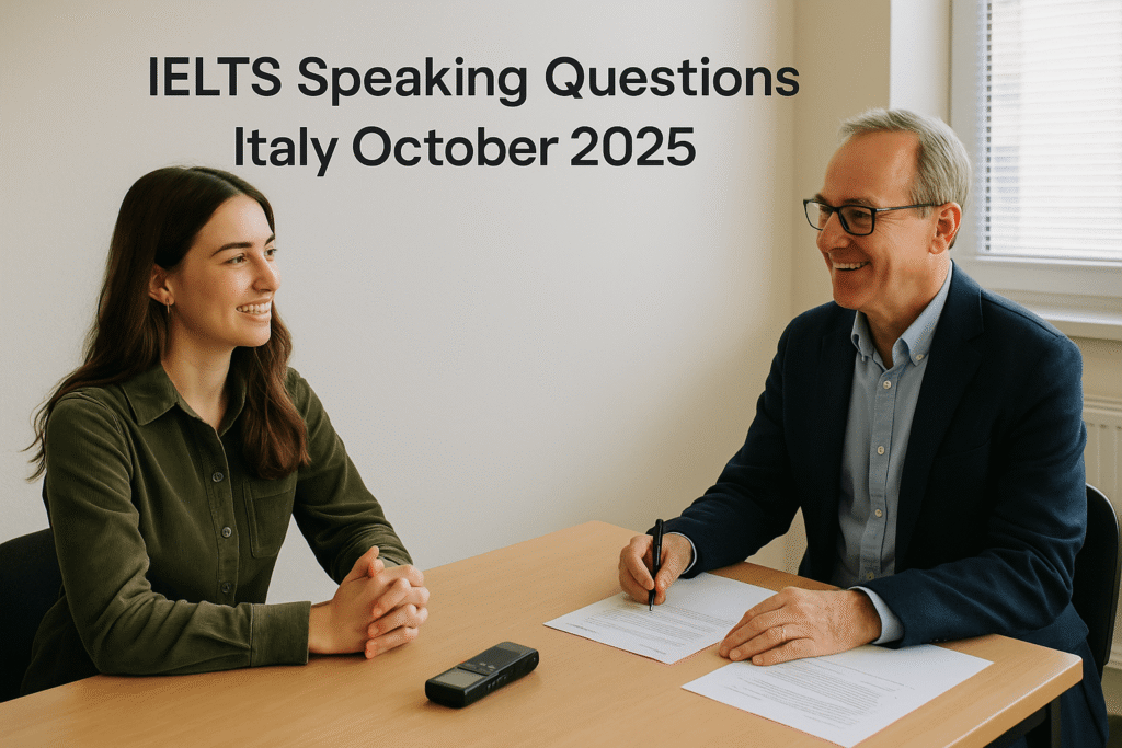 IELTS Speaking Questions Italy October 2025 with candidate and examiner in test room.