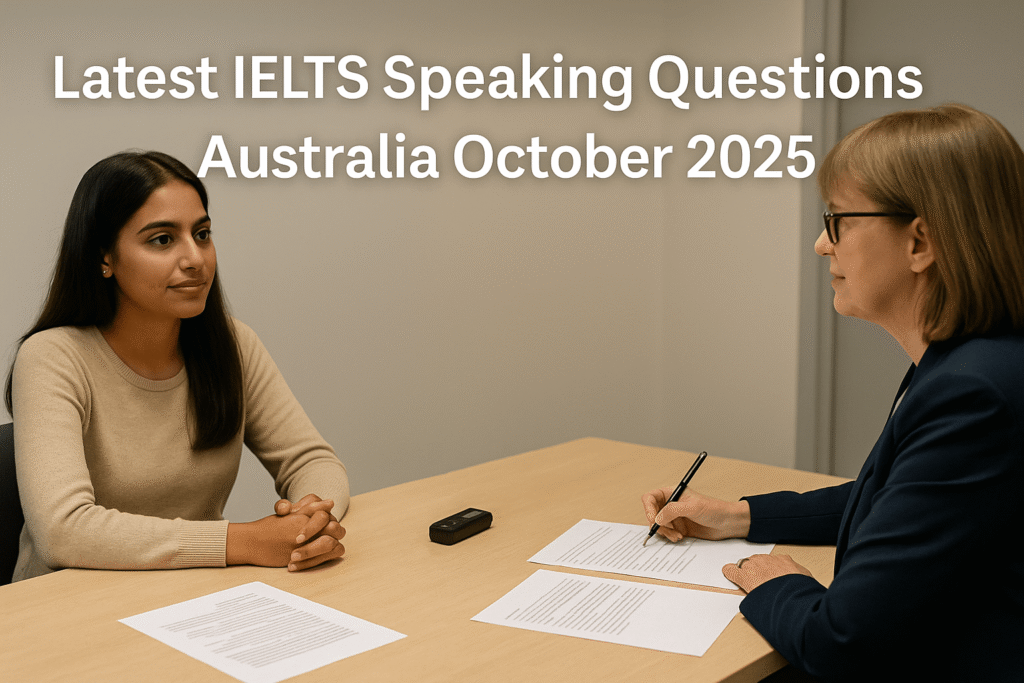 IELTS Speaking test scene in Australia October 2025 with student and examiner sitting across a table during the interview.