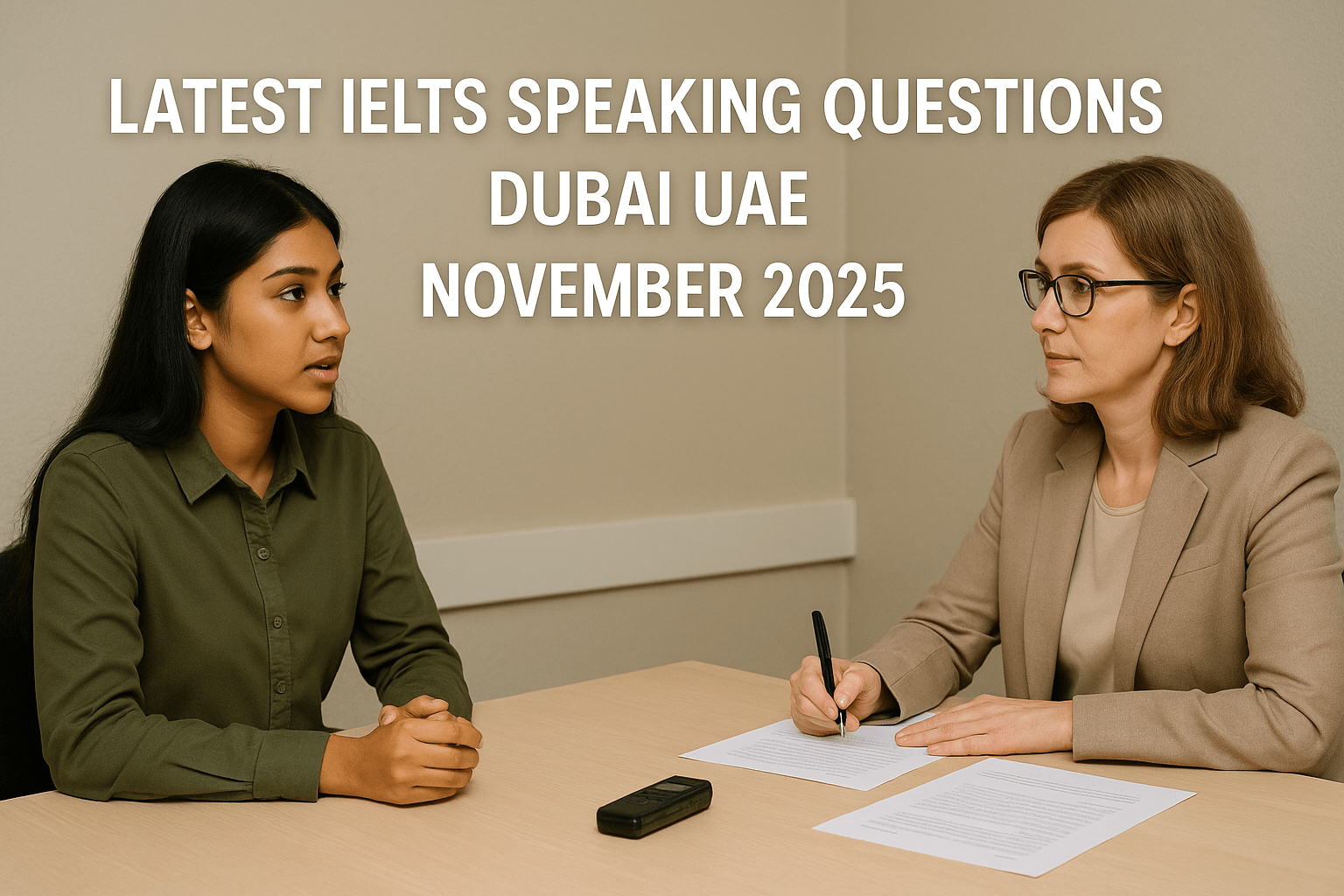 Latest IELTS Speaking Questions Dubai UAE November 2025 scene with student and examiner in IELTS test room.