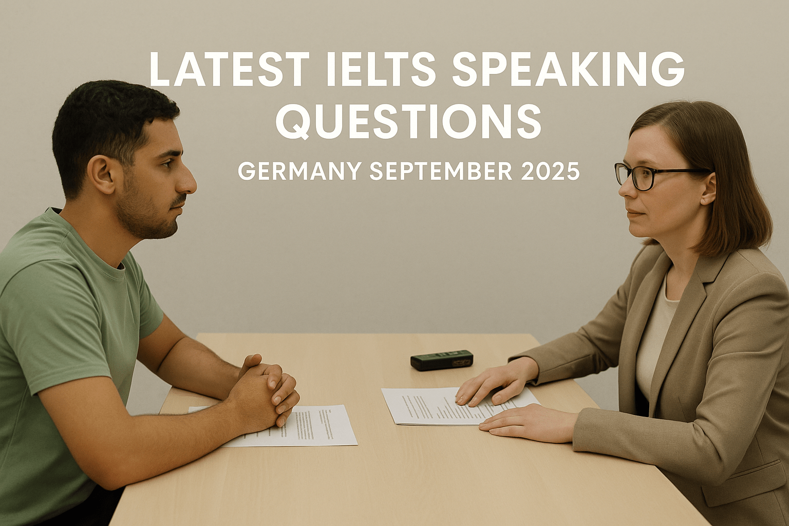 Latest IELTS Speaking Questions Germany September 2025 scene with student and examiner across a desk during IELTS Speaking test.