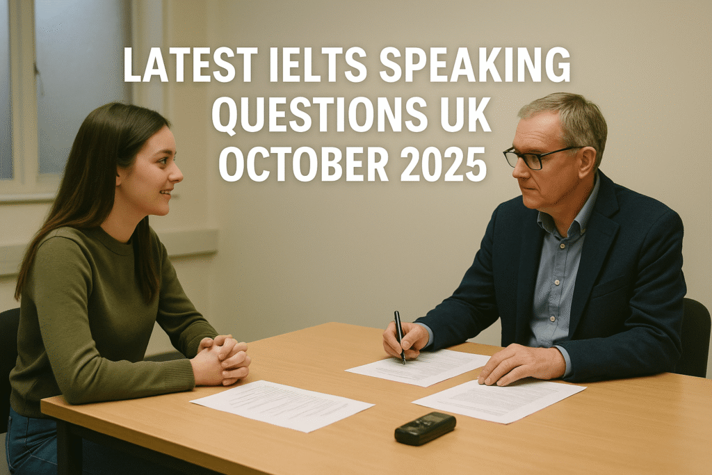 Latest IELTS Speaking Questions UK October 2025 scene with student and examiner in a British classroom.