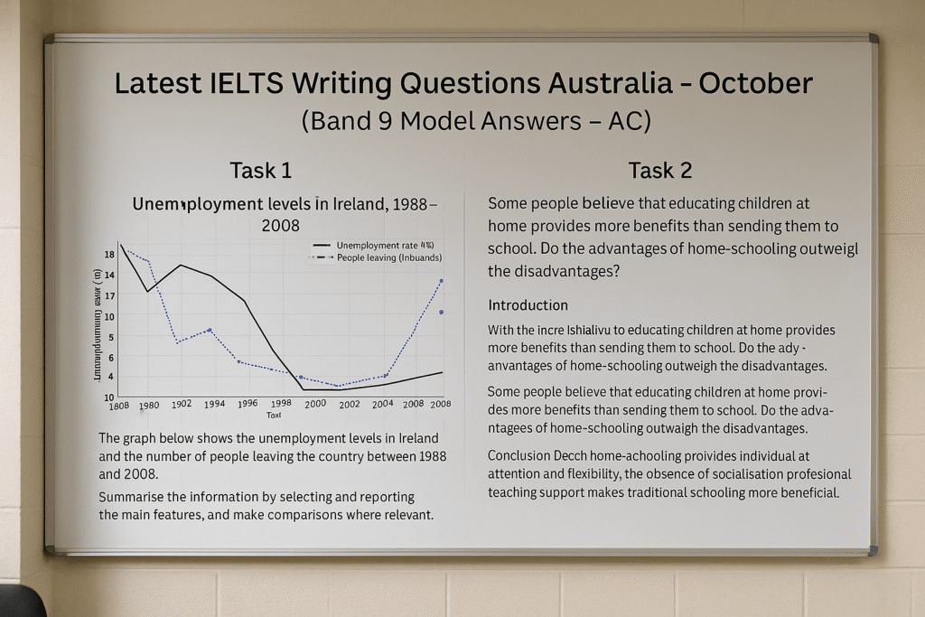 IELTS Writing test scene Australia (AC) showing Task 1 chart and Task 2 essay