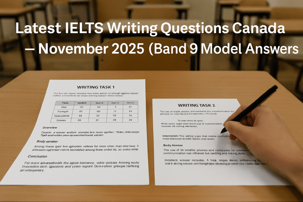 IELTS Writing test scene Canada (AC) with Task 1 table and Task 2 essay