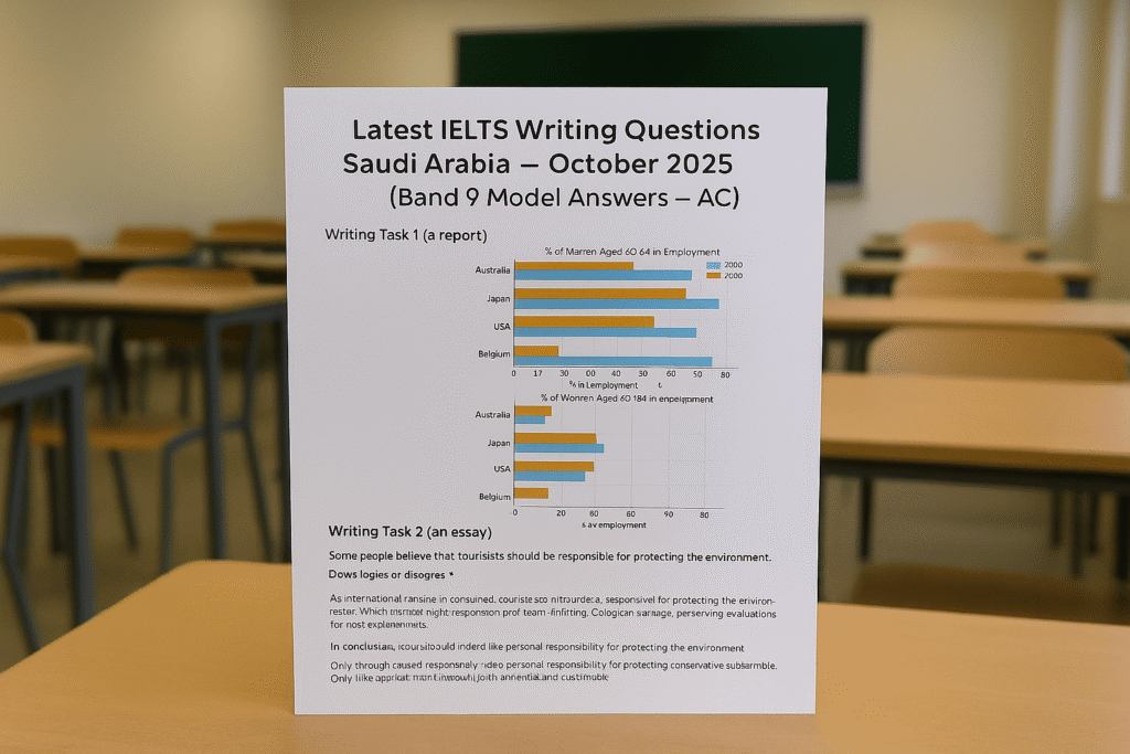 IELTS Writing test scene Saudi Arabia (AC) with Task 1 chart and Task 2 essay