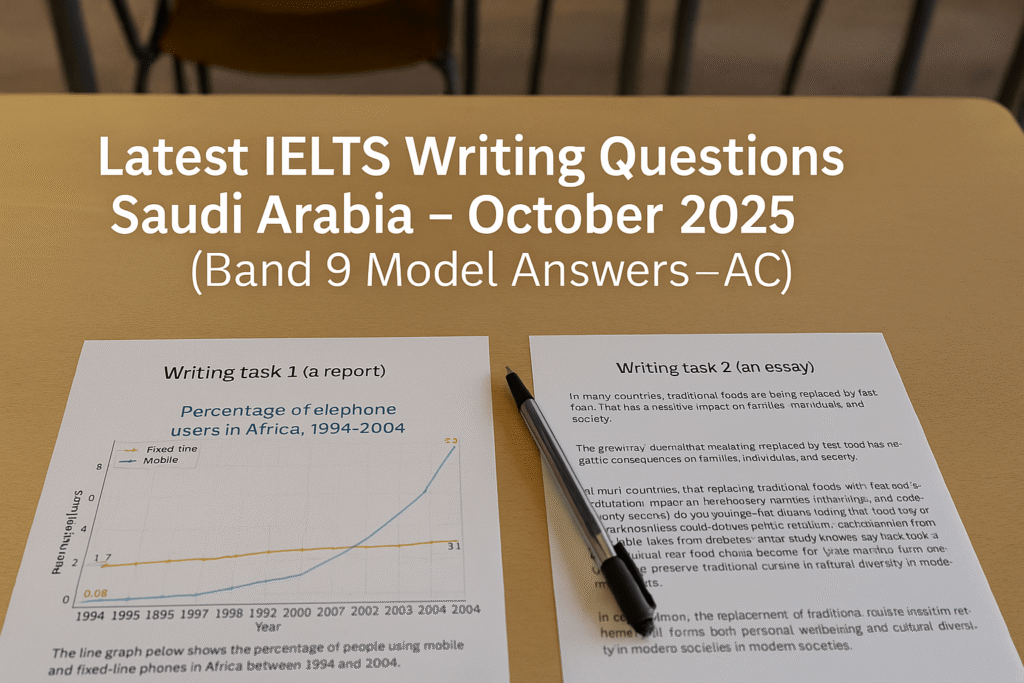 IELTS Writing test scene Saudi Arabia (AC) with Task 1 chart and Task 2 essay