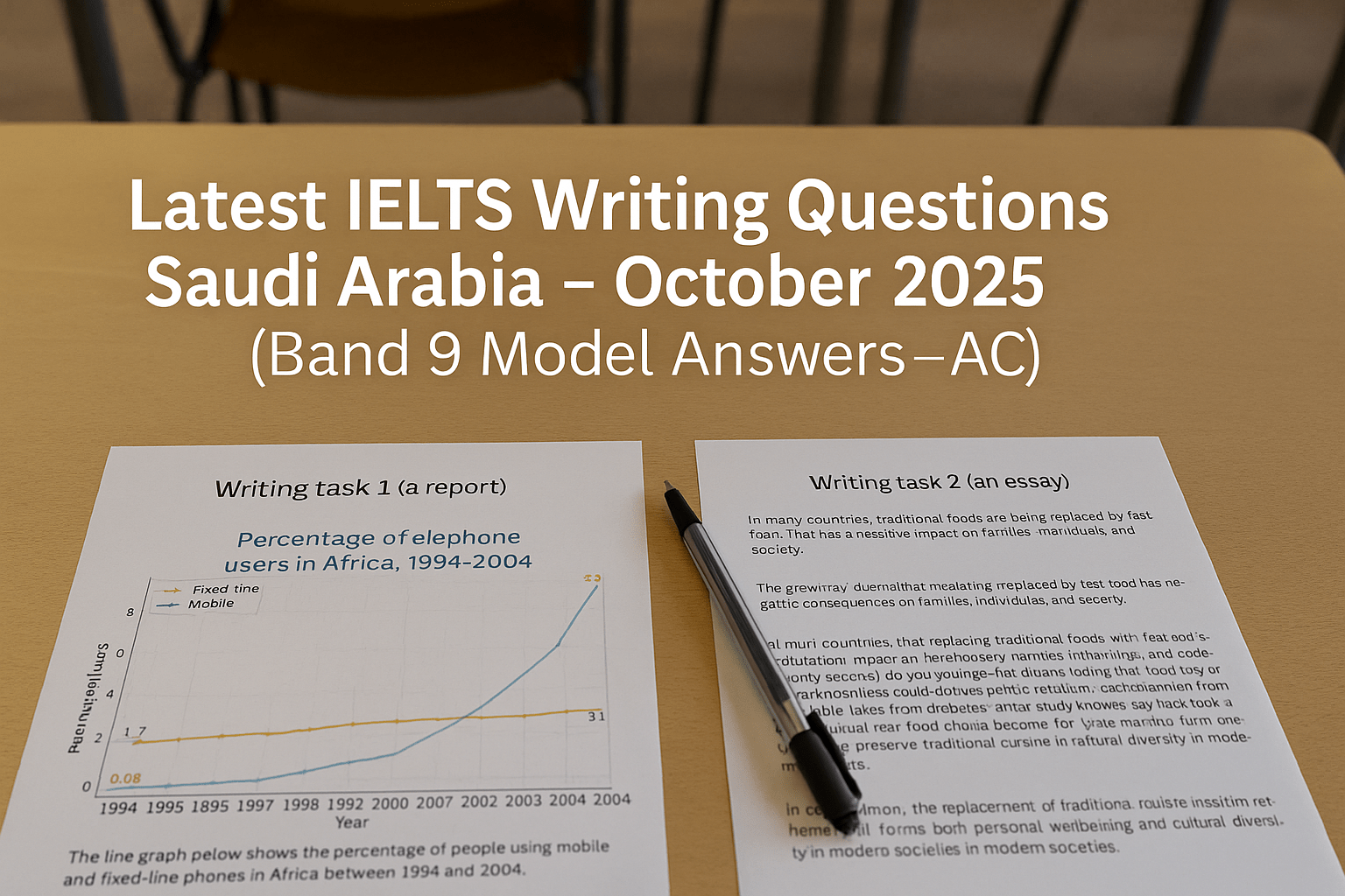 IELTS Writing test scene Saudi Arabia (AC) with Task 1 chart and Task 2 essay