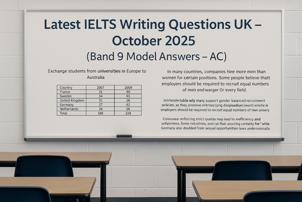 IELTS Writing test scene UK (AC) showing Task 1 chart and Task 2 essay