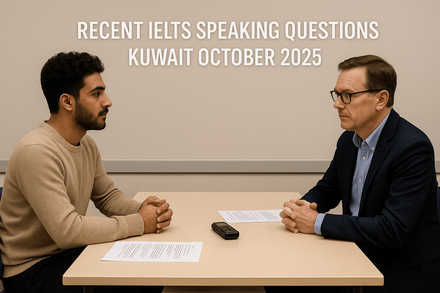 Recent IELTS Speaking Questions Kuwait October 2025 test scene with examiner and candidate in modern IELTS room.
